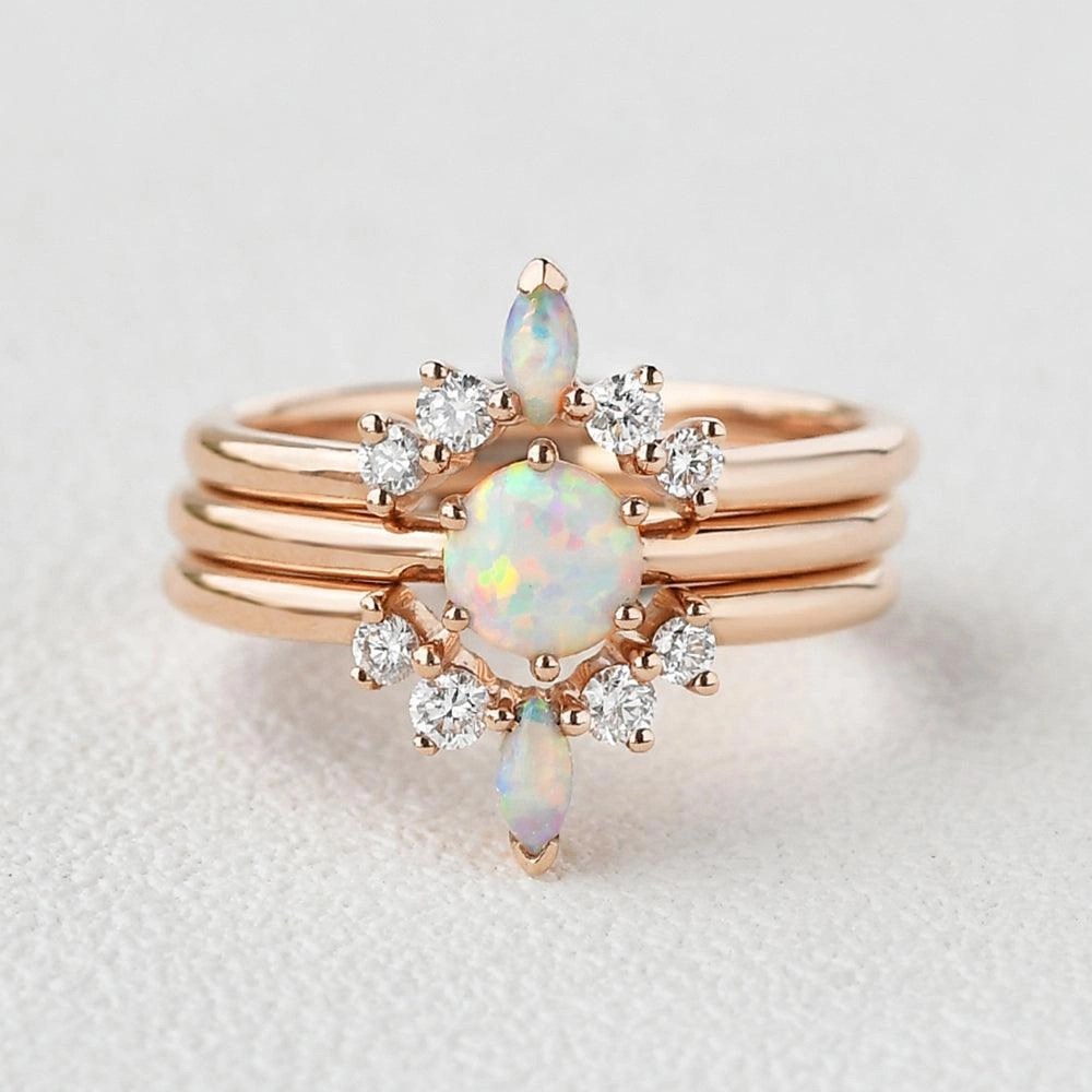 Natural Opal & Moissanite Vintage Inspired Ring Set 3pcs Sharp Silhouette