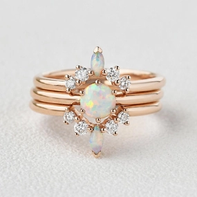 Natural Opal & Moissanite Vintage Inspired Ring Set 3pcs Sharp Silhouette