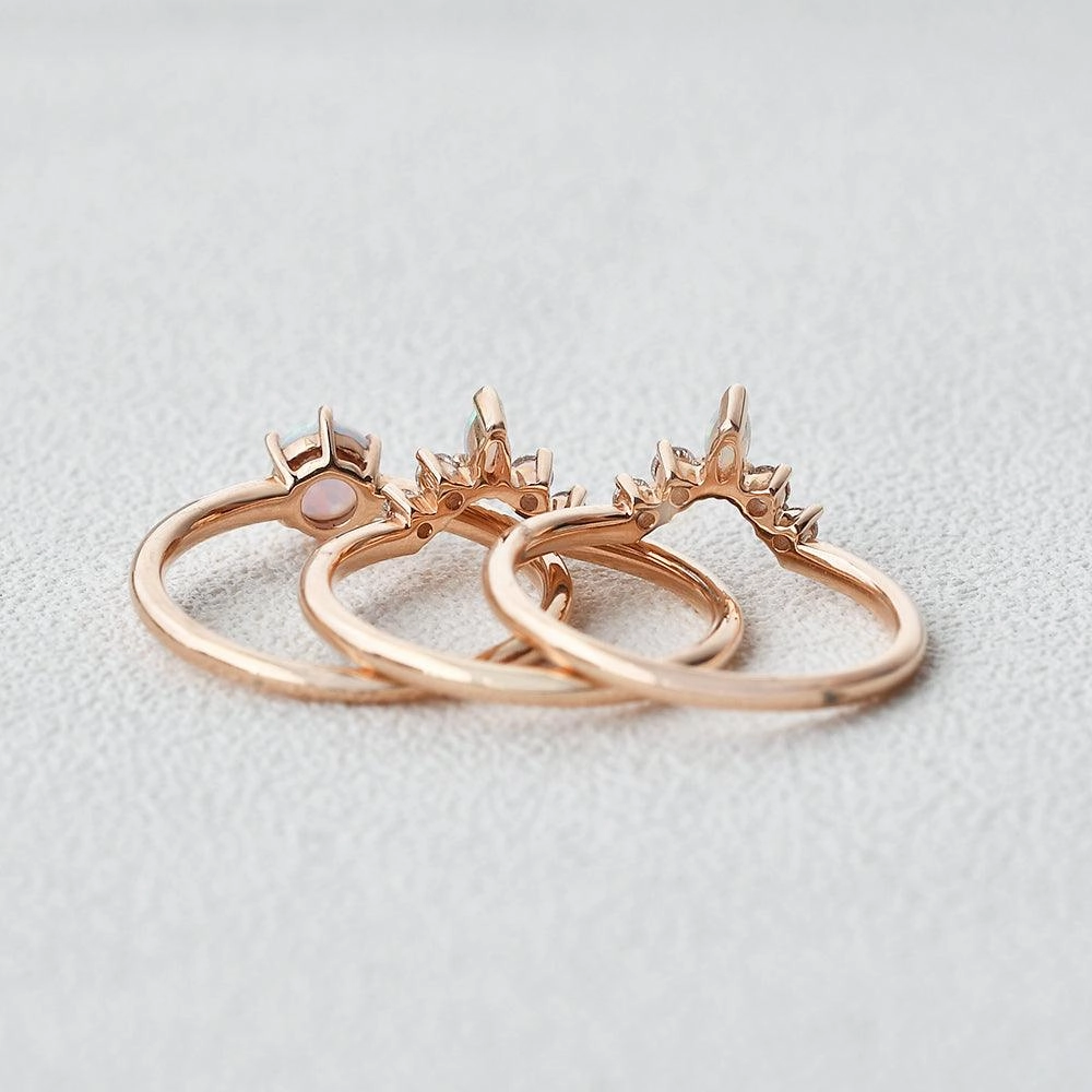 Natural Opal & Moissanite Vintage Inspired Ring Set 3pcs Handmade Jewelry Pieces Smooth Curve