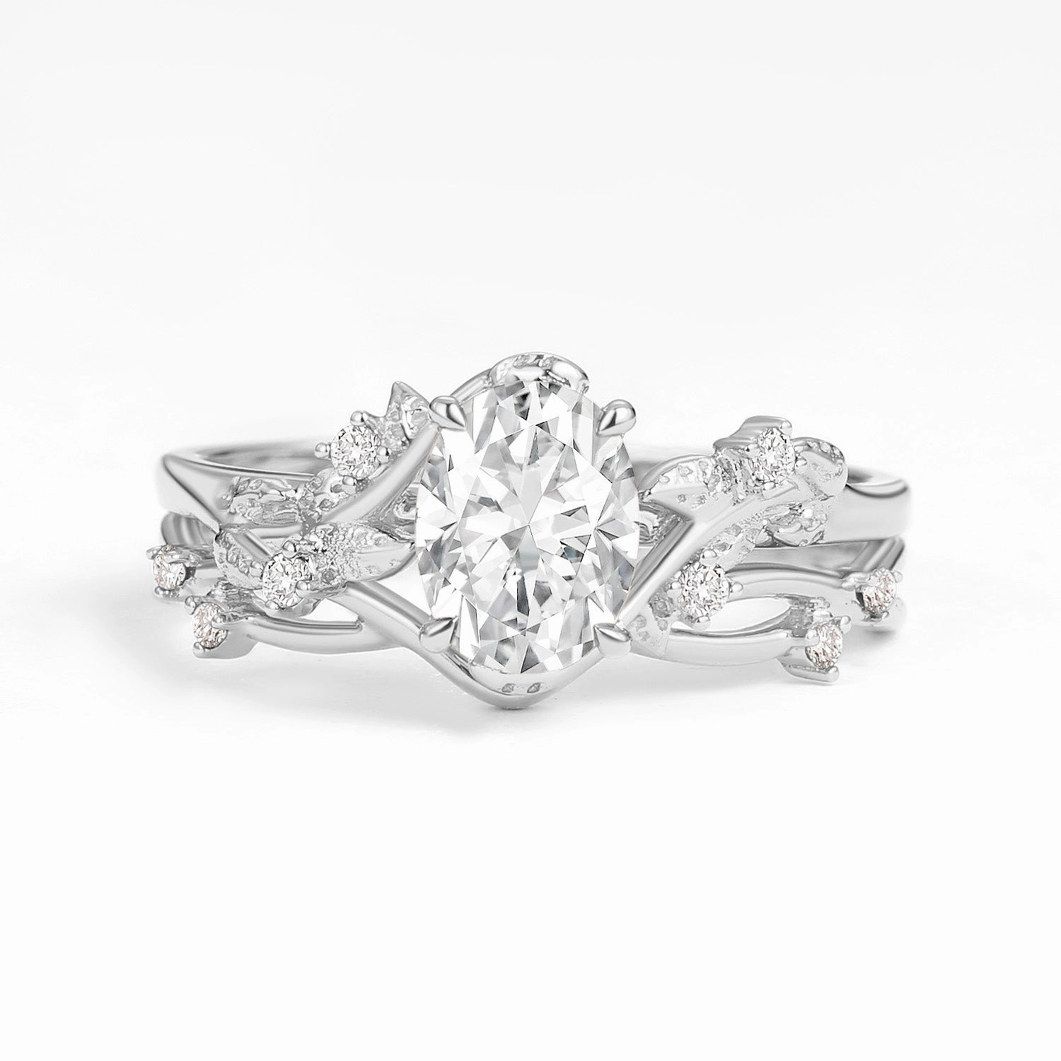 Nature Inspired - Oval Cut Moissanite Leafy Gold Ring Set 2pcs - Mossy Fashionable Shine Finish Enchanted Look