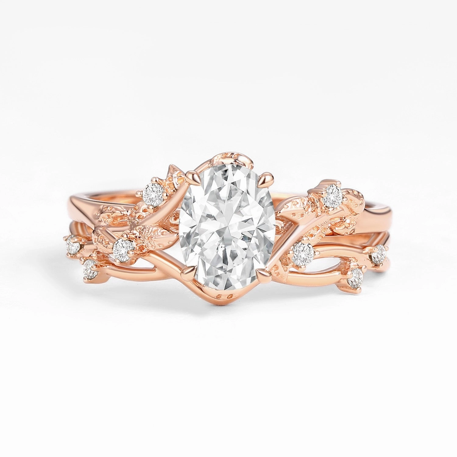 Nature Inspired - Oval Cut Moissanite Leafy Gold Ring Set 2pcs - Mossy Opulent Accent
