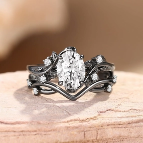 Premium Shine Nature Inspired - Oval Cut Moissanite Leafy Gold Ring Set 2pcs - Mossy