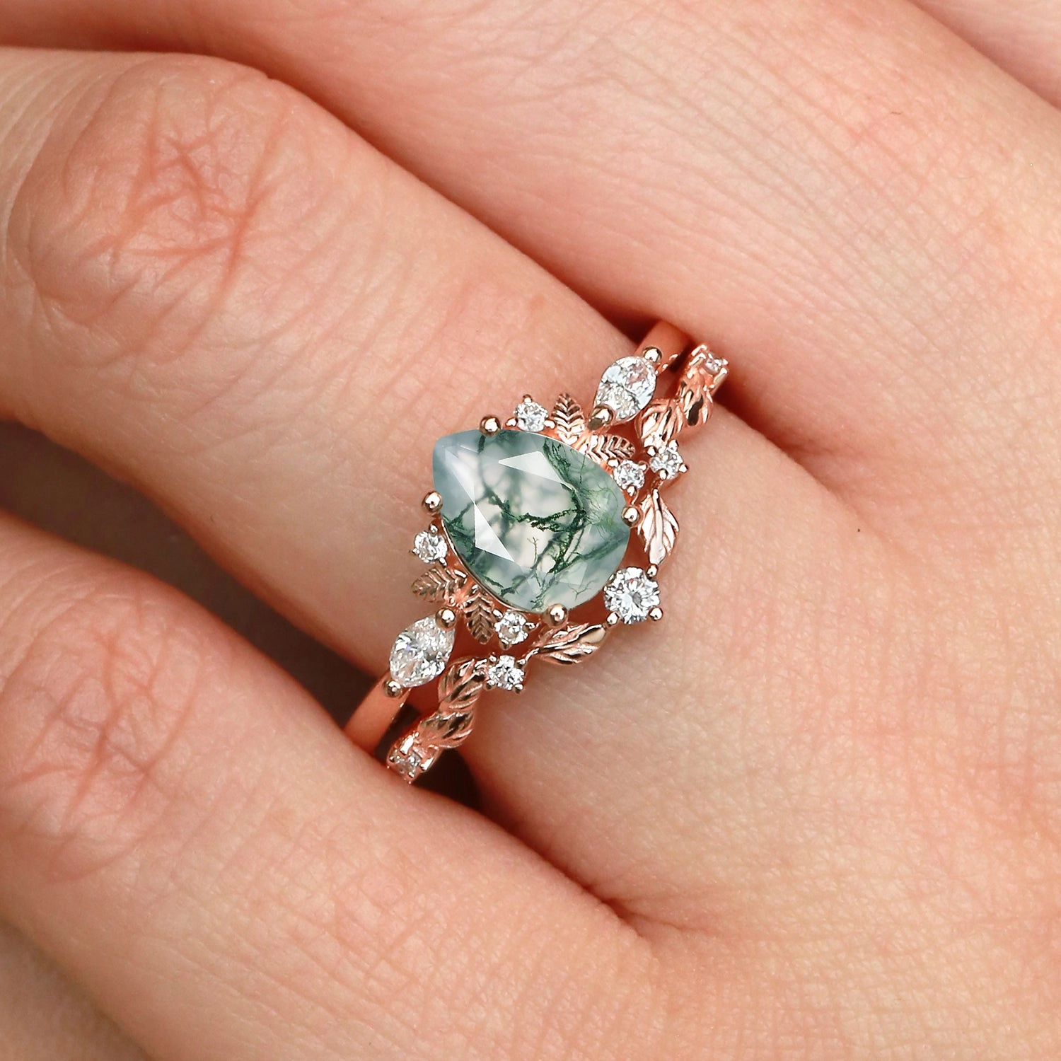 Luxe Craft Personal Touch Nature Inspired - Pear Shaped Moss Agate Leafy Fairy Ring Set 2pcs - Susan