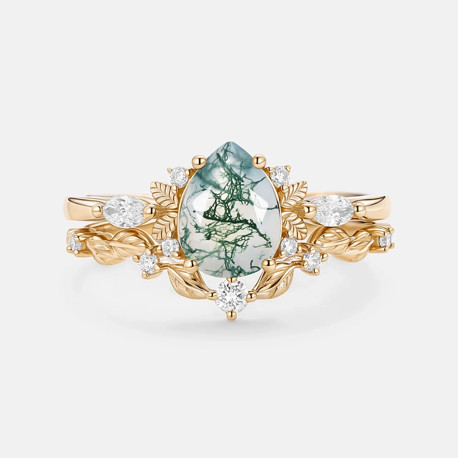 Glamorous touch Fresh Feature Nature Inspired - Pear Shaped Moss Agate Leafy Fairy Ring Set 2pcs - Susan