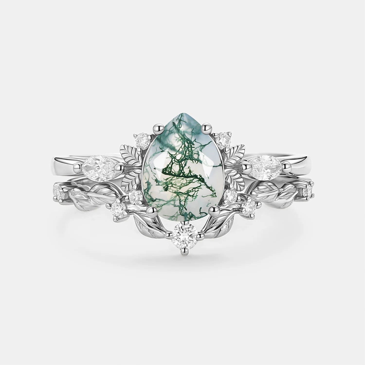 Timeless Wardrobe Nature Inspired - Pear Shaped Moss Agate Leafy Fairy Ring Set 2pcs - Susan