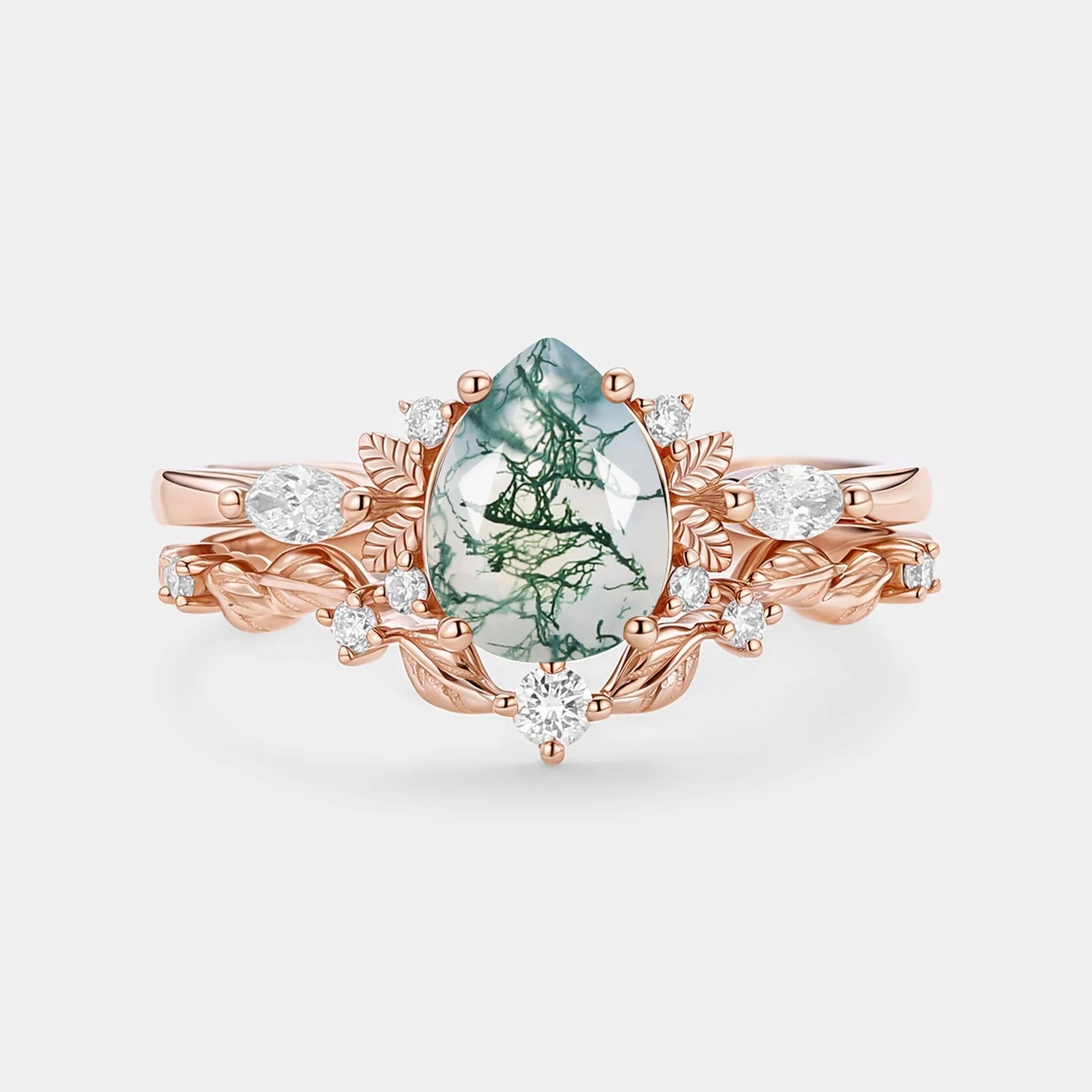 Gentle Shine Nature Inspired - Pear Shaped Moss Agate Leafy Fairy Ring Set 2pcs - Susan