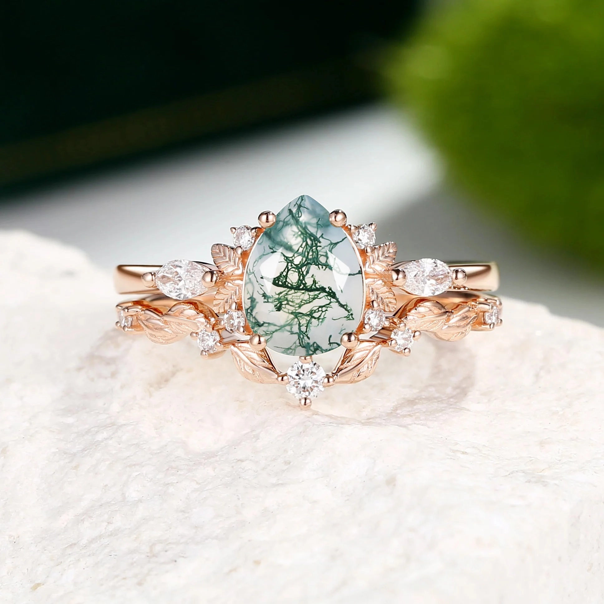Nature Inspired - Pear Shaped Moss Agate Leafy Fairy Ring Set 2pcs - Susan Polished Piece