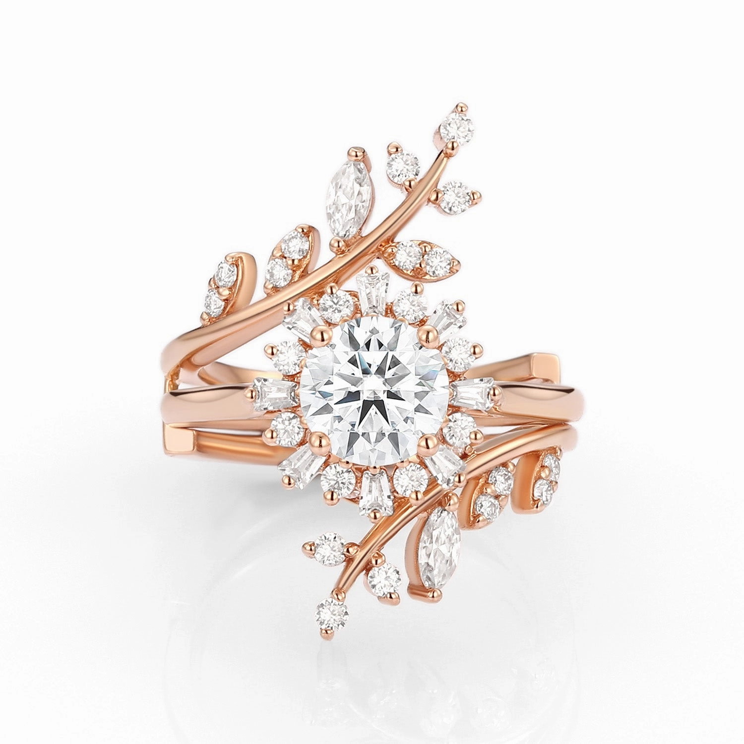 Timeless Shape Nature Inspired - Round Moissanite Halo Floral & Leafy Ring Set 2pcs - Rose Knight