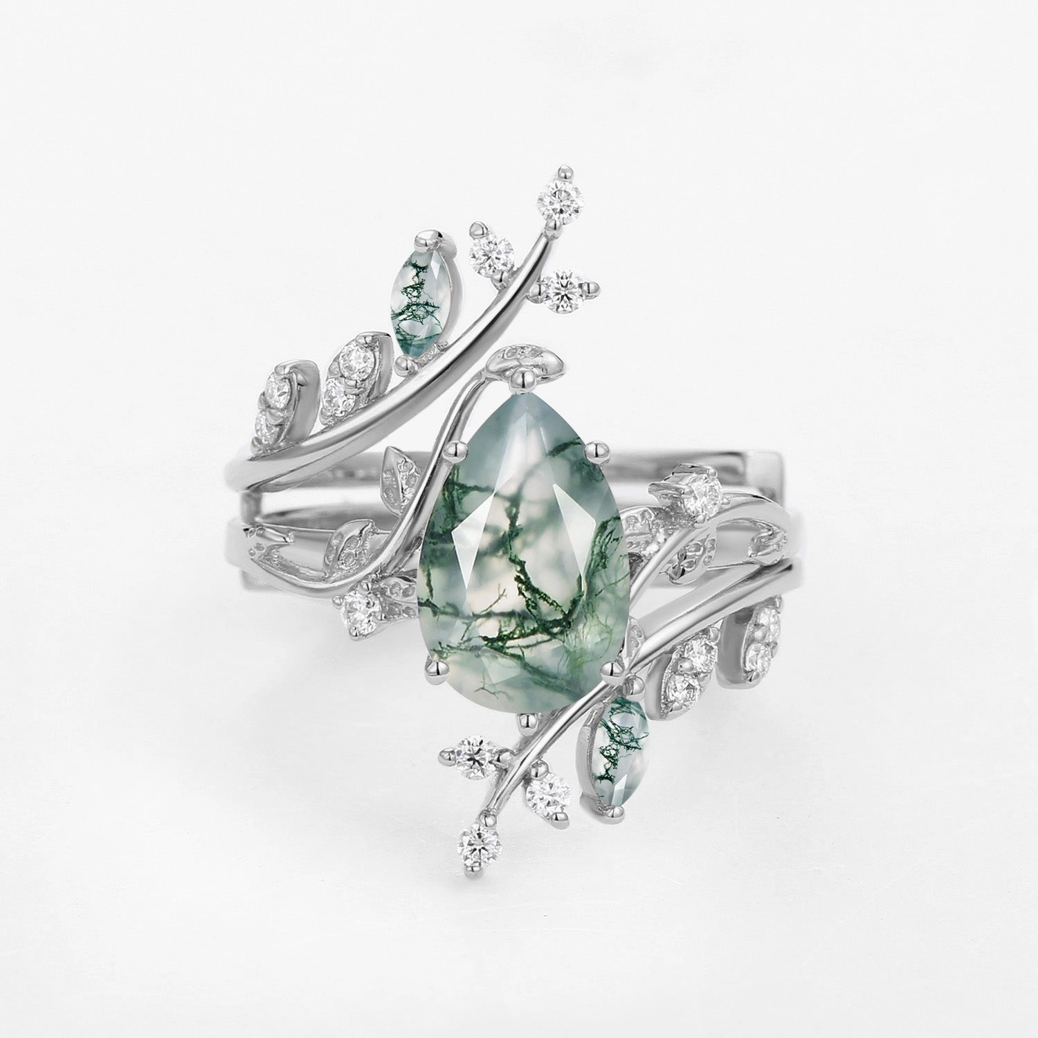 Bold Radiance Crisp Sparkle Nature Inspired - Unique Pear Cut Moss Agate Cage Leafy Ring 2pcs - Knight