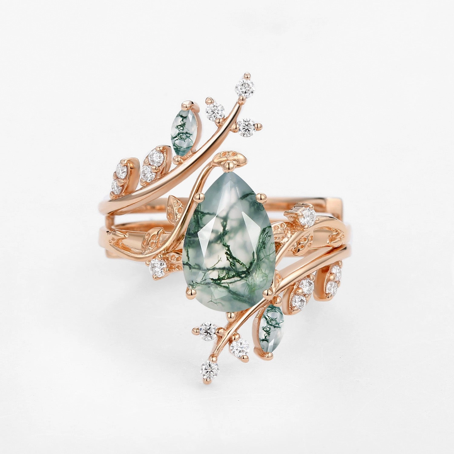 Nature Inspired - Unique Pear Cut Moss Agate Cage Leafy Ring 2pcs - Knight Golden Accent Fashion Jewelry Look