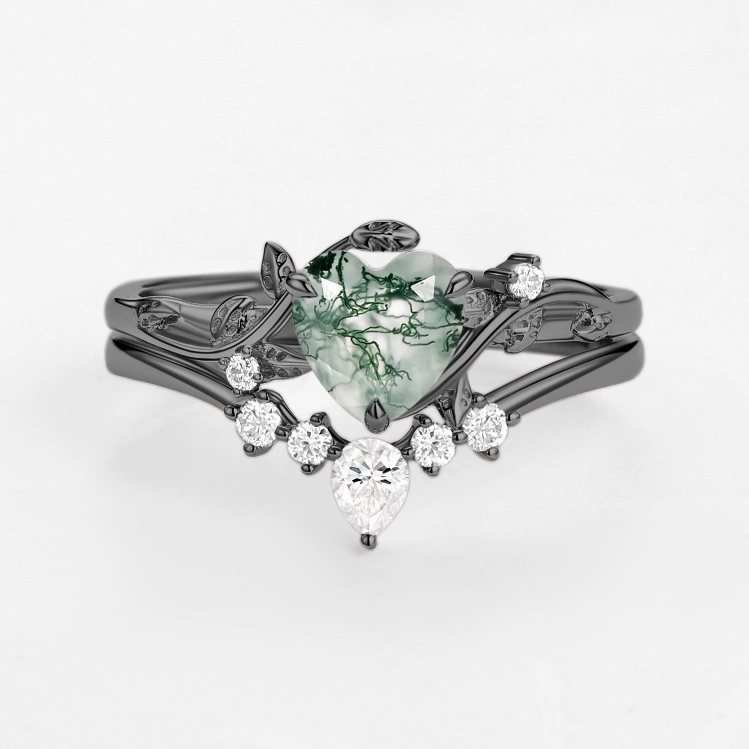 Nature Inspired Heart Shaped Moss Agate Leafy Ring Set 2pcs - Willow Fashion Layer Neutral Vibe