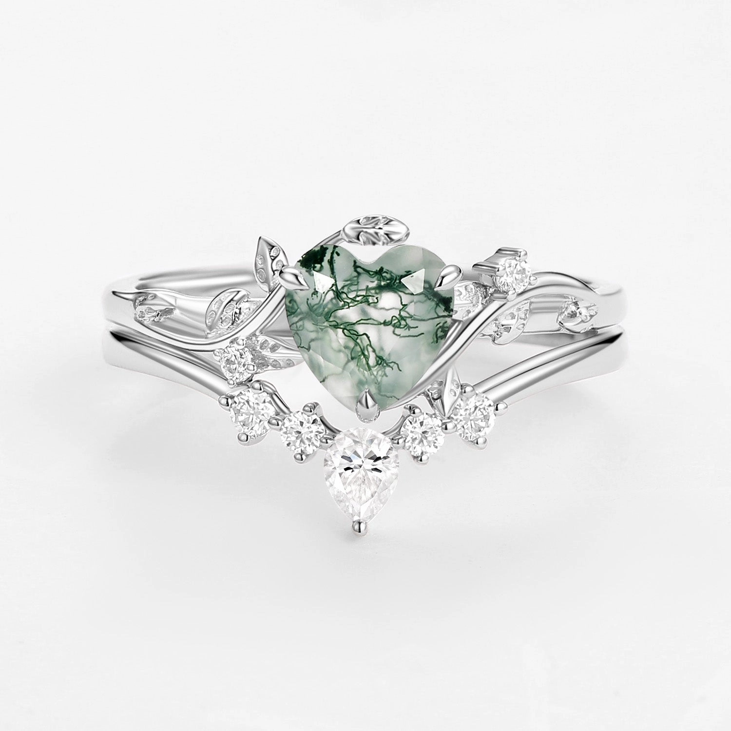 Trend Focus Nature Inspired Heart Shaped Moss Agate Leafy Ring Set 2pcs - Willow