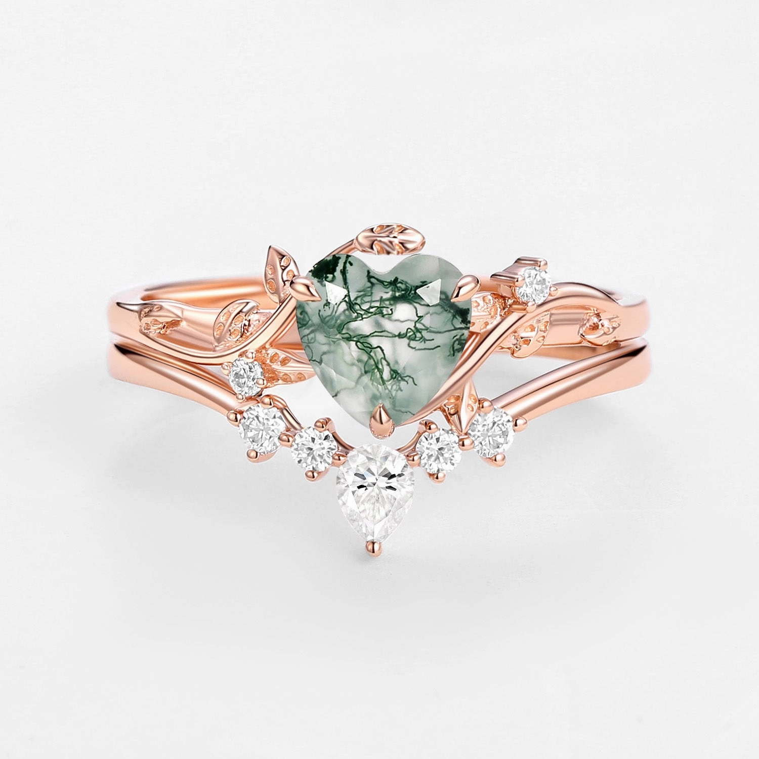 Nature Inspired Heart Shaped Moss Agate Leafy Ring Set 2pcs - Willow Smooth Finish gentle touch