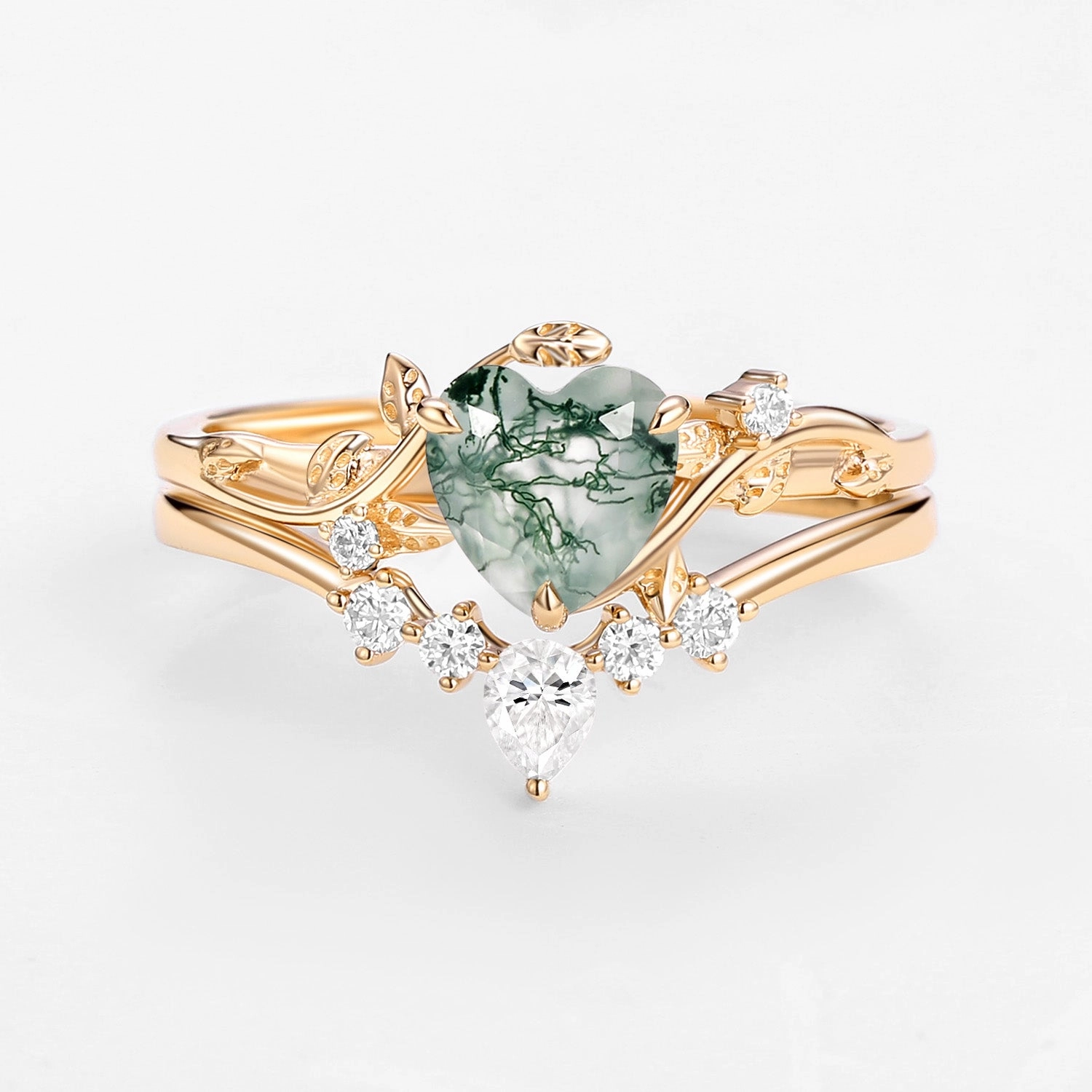 Glam Finish Nature Inspired Heart Shaped Moss Agate Leafy Ring Set 2pcs - Willow