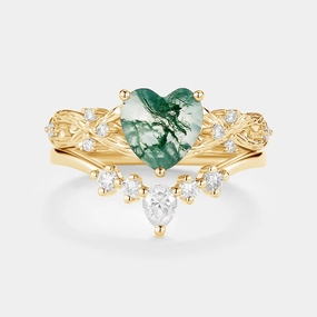 Style Upgrade Nature Inspired Infinity Heart Shaped Moss Agate Leafy Ring Set 2pcs - Midge