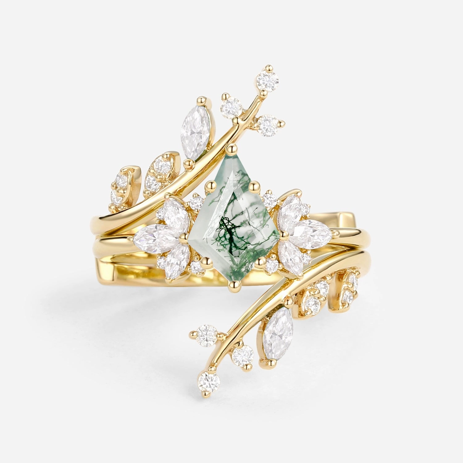Nature Inspired Kite Cut Moss Agate Cage Leafy Ring 2pcs Timeless Pieces