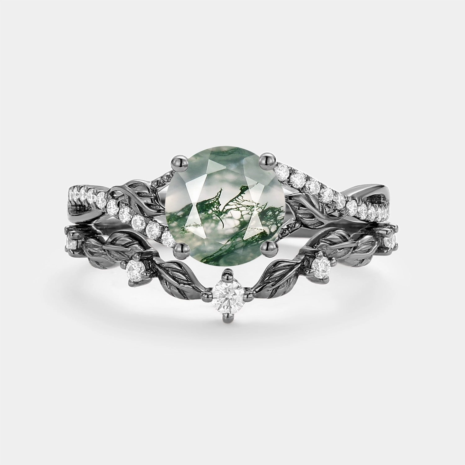 Nature Inspired-Round Moss Agate Leafy Engagement Ring Set 2pcs - Syrin Wedding Look Refined Detail