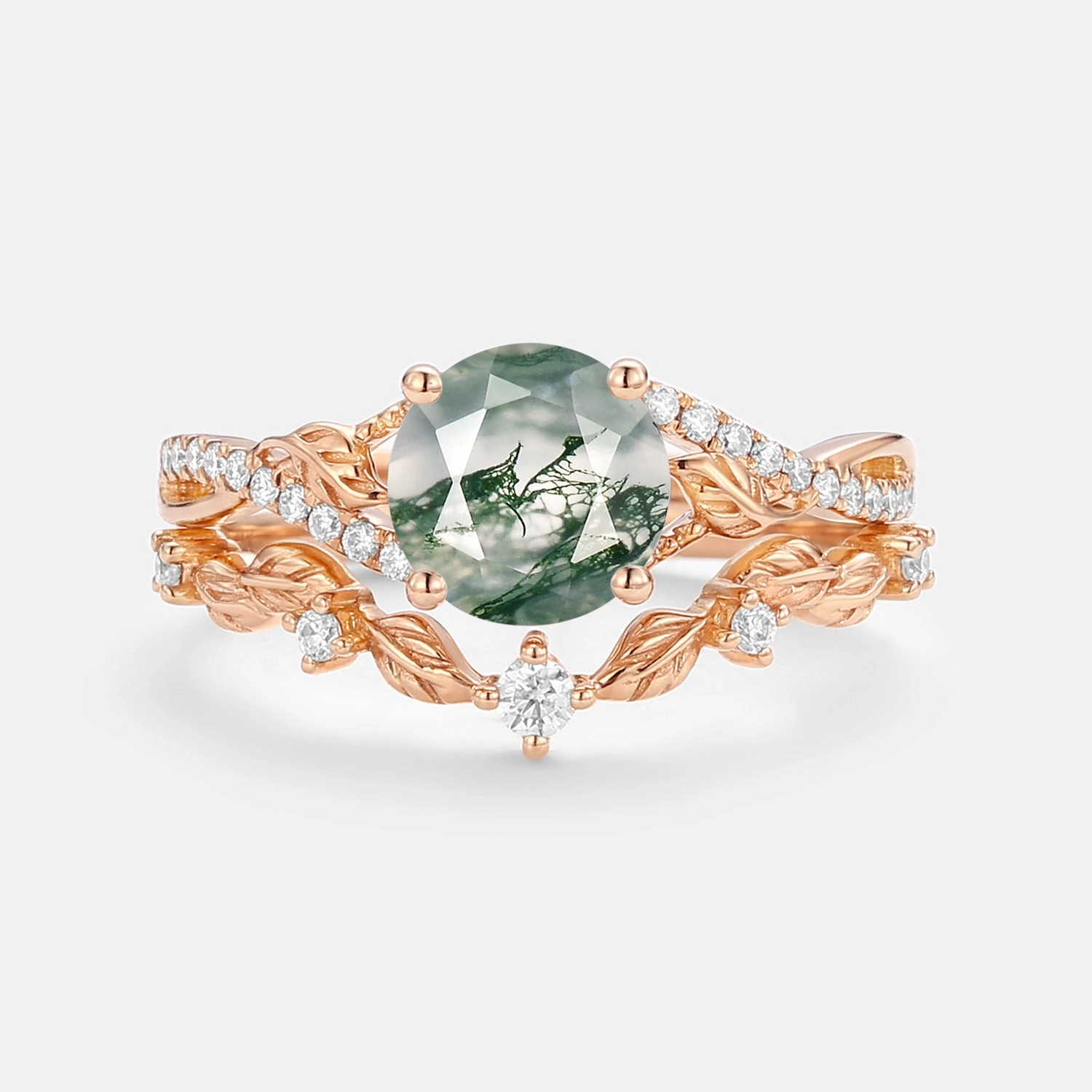 Nature Inspired-Round Moss Agate Leafy Engagement Ring Set 2pcs - Syrin Sparkling Edge Creative Touch