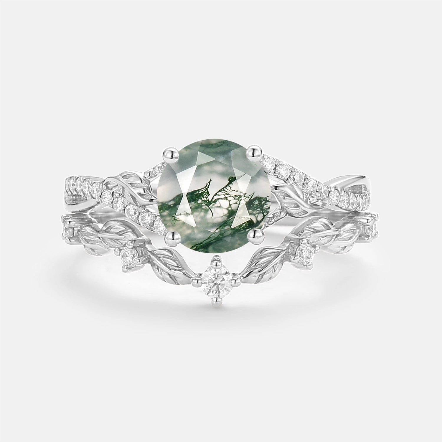 Vibrant Jewelry Look Nature Inspired-Round Moss Agate Leafy Engagement Ring Set 2pcs - Syrin
