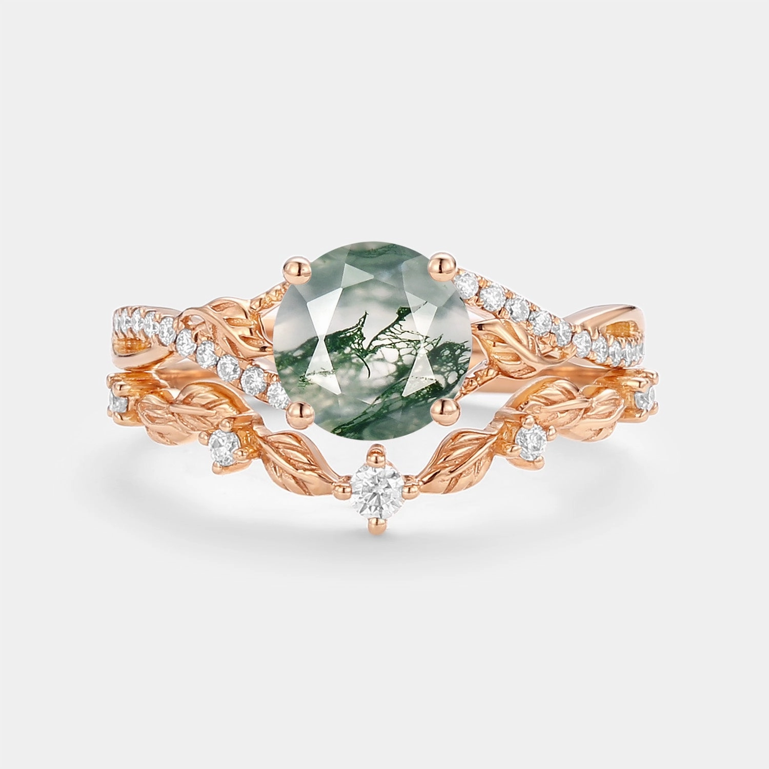 Nature Inspired-Round Moss Agate Leafy Engagement Ring Set 2pcs - Syrin Soft feature