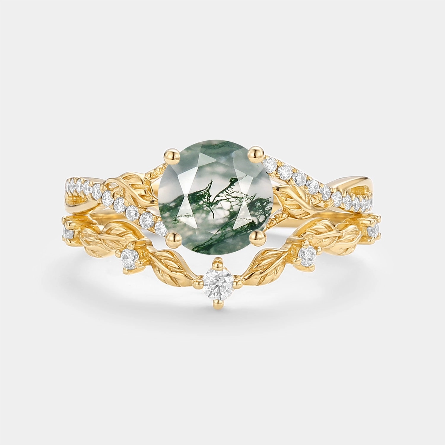 Nature Inspired-Round Moss Agate Leafy Engagement Ring Set 2pcs - Syrin Handcrafted Shine Unique Shape