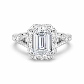 Emerald Cut Split Shank Moissanite Halo Engagement Ring Trendy Layers Trend Focus