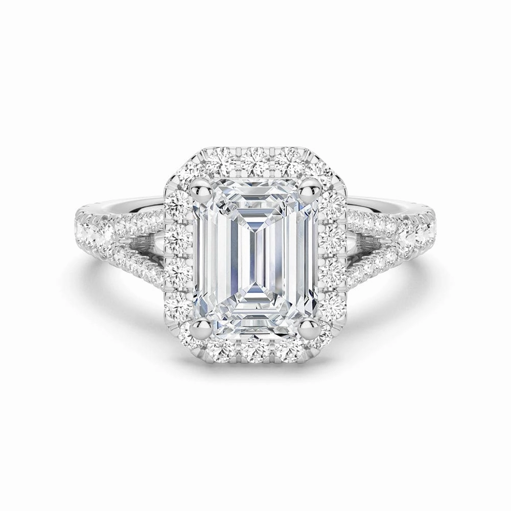 Retro Vibe Elegant Touch Pieces Emerald Cut Split Shank Moissanite Halo Engagement Ring