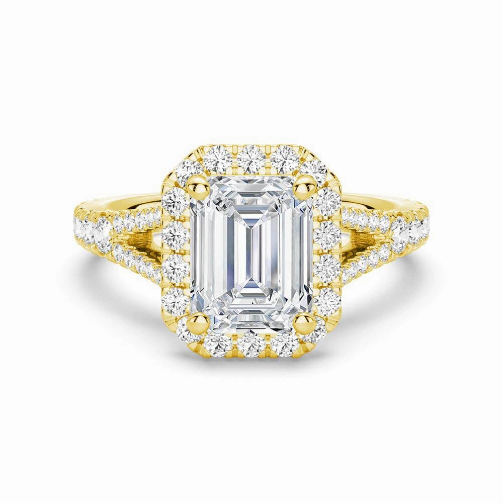 Glow Vibe Glossy Vibe Emerald Cut Split Shank Moissanite Halo Engagement Ring