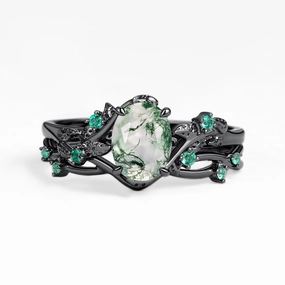 Nature Inspired - Oval Cut Moss Agate Leafy Black Gold Ring Set 2pcs - Mossy Chic Design