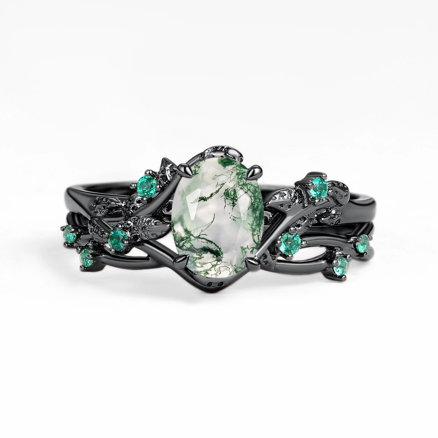 Nature Inspired - Oval Cut Moss Agate Leafy Black Gold Ring Set 2pcs - Mossy Chic Design