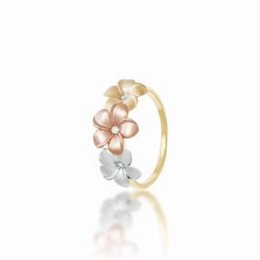 Plumeria Ring in Tri Color Gold with Diamonds - 10mm Premium Symbol Smooth Touch