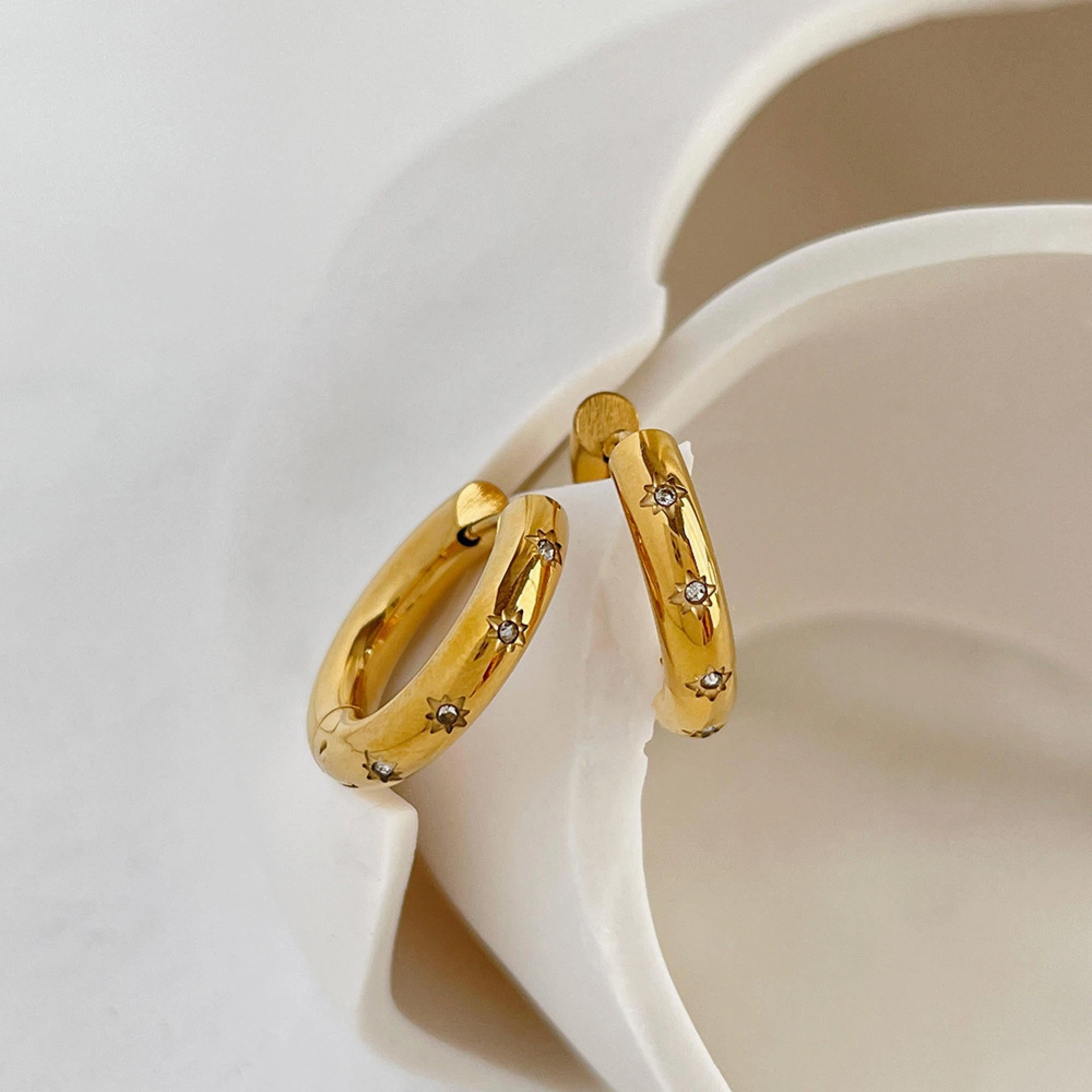 North Star Huggies Hoop 18K Gold | Radiating Sun Ray Gems, Gold Statement CZ Earrings, Celestial Hoops, Dainty CZ Hoop Earrings Everyday Accessory