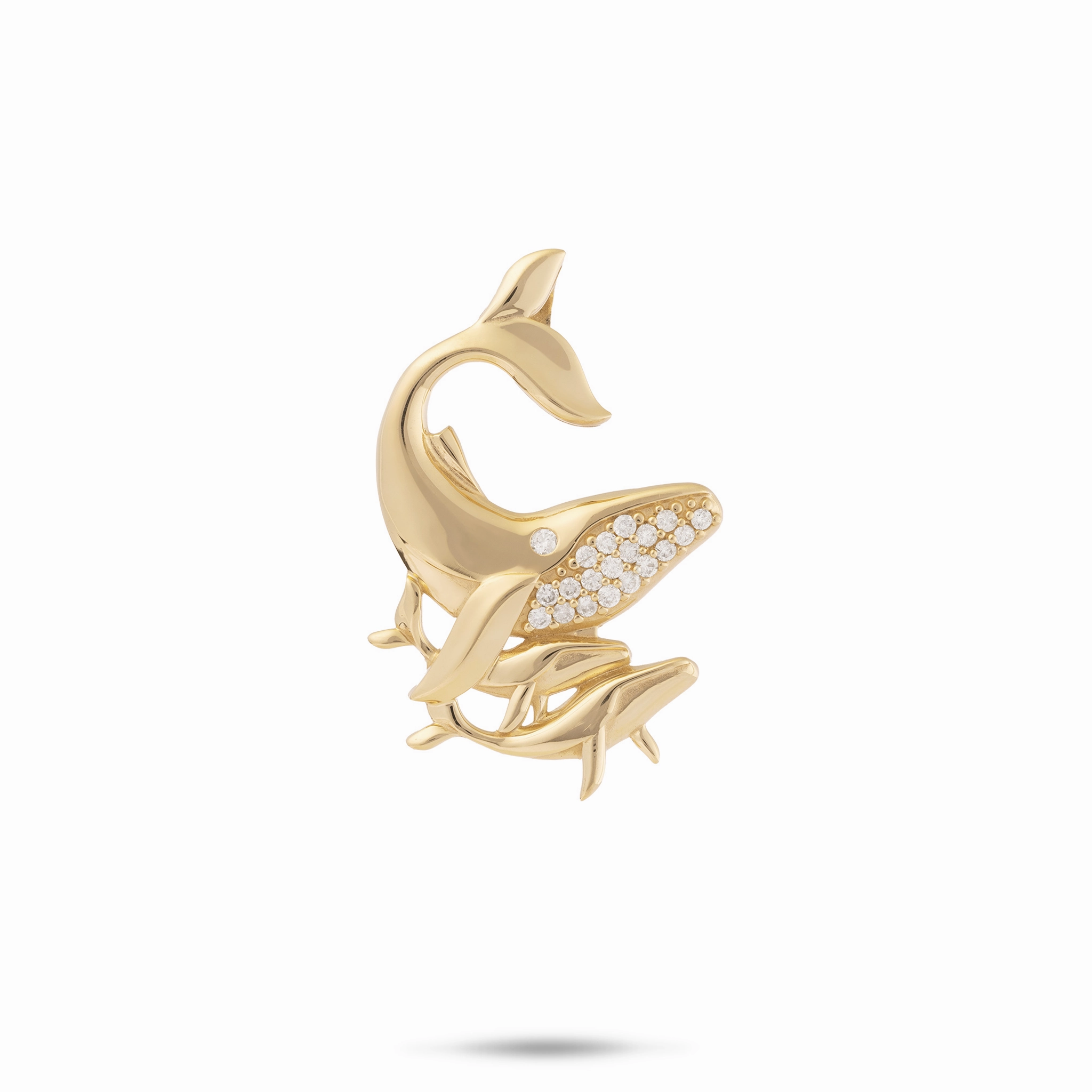 Ocean Dance Humpback Whale Mother & Babies Pendant in Gold with Diamonds - 25mm Glittering Craft Graceful Design