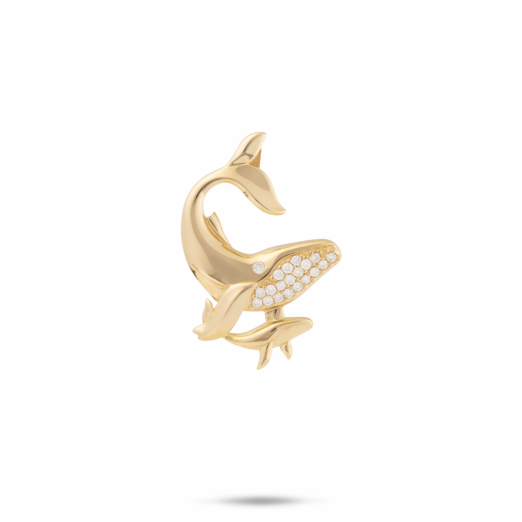 Silky texture Ocean Dance Humpback Whale Mother & Baby Pendant in Gold with Diamonds - 24mm