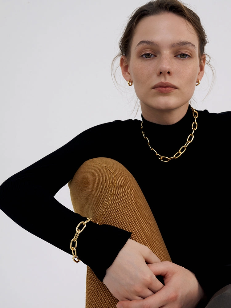 Octavie Chunky Gold Panther Chain Necklace and Bracelet Set, Long Linked Chain Necklace Paper Link Chain Bracelet Handcrafted Item