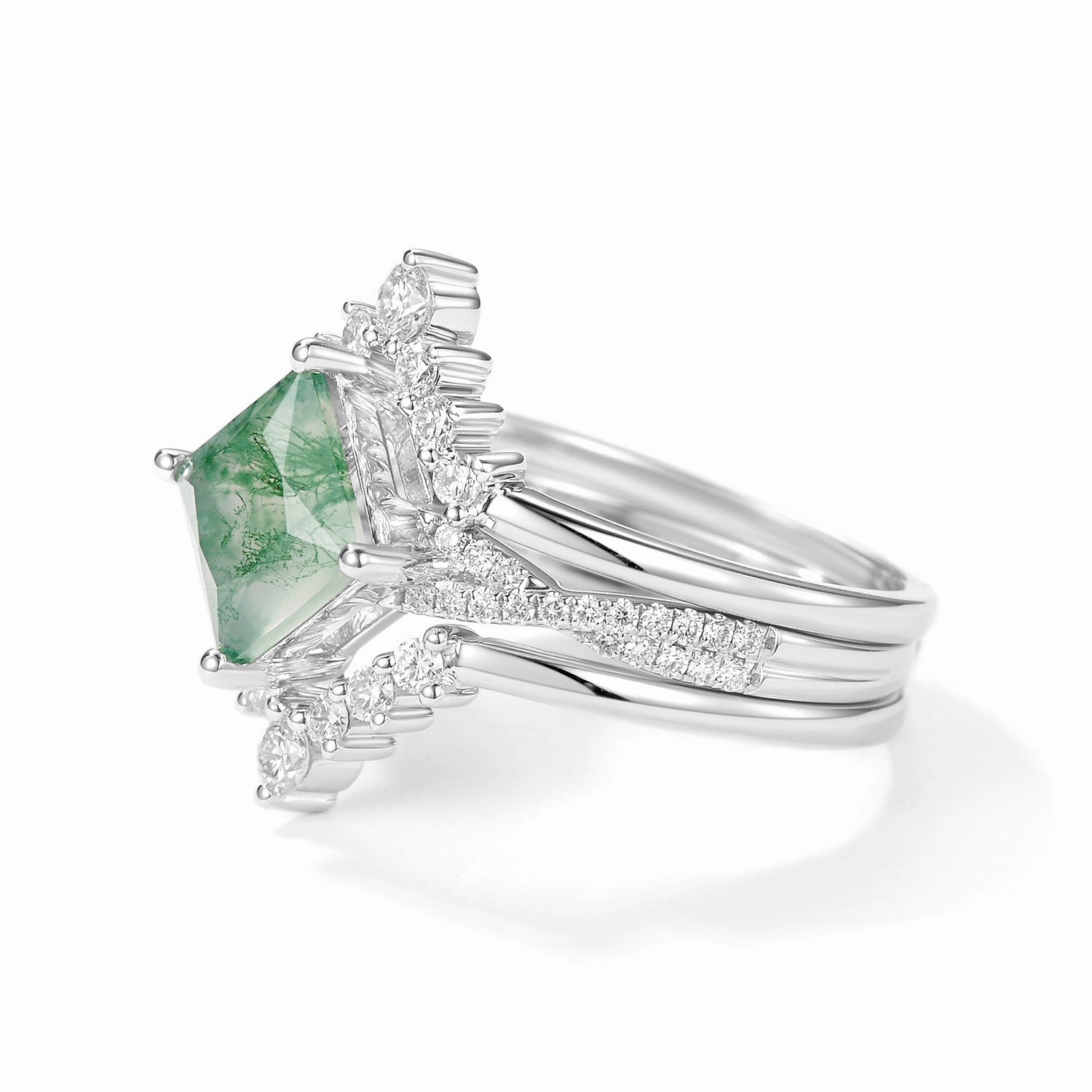 2.0ct Moss Agate Princess Cut Stacking Engagement Ring Set 3pcs Elegant Look