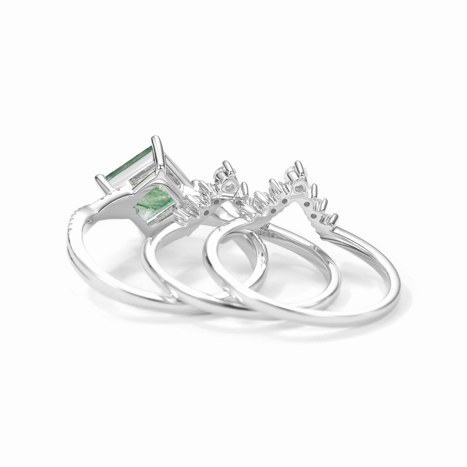 2.0ct Moss Agate Princess Cut Stacking Engagement Ring Set 3pcs Date Style