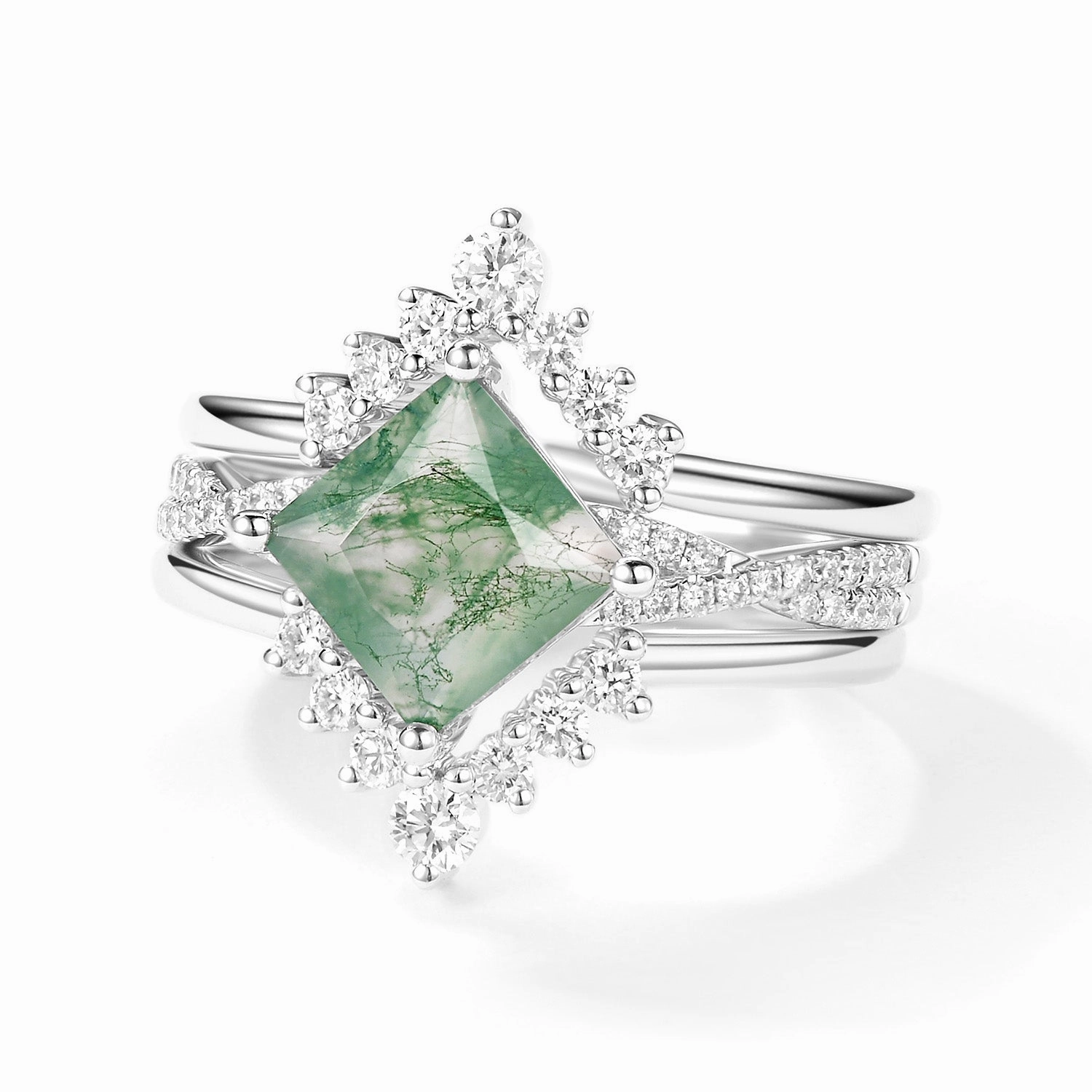 2.0ct Moss Agate Princess Cut Stacking Engagement Ring Set 3pcs Rich Shine