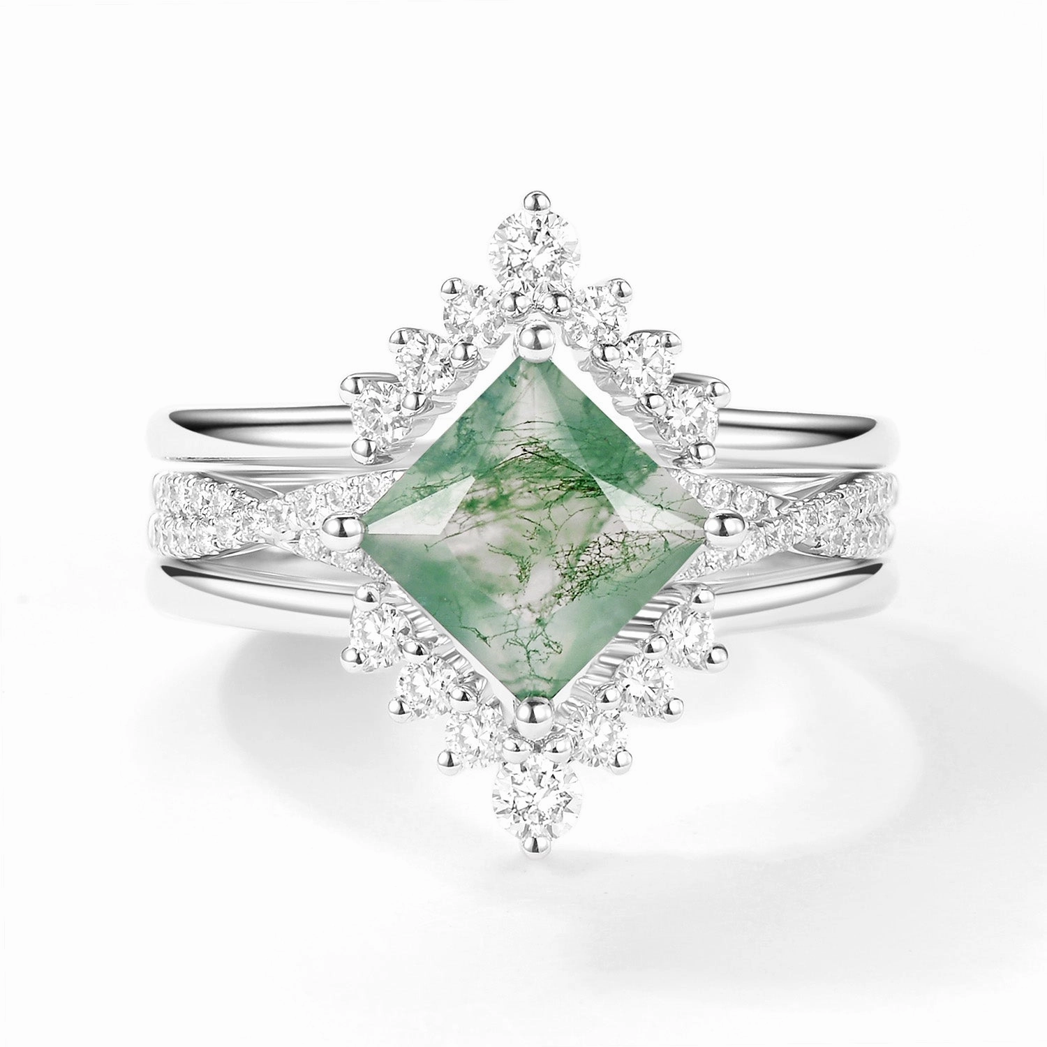 Luxury Casual Sophisticated Touch 2.0ct Moss Agate Princess Cut Stacking Engagement Ring Set 3pcs