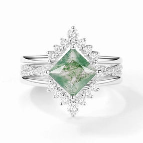 Luxury Casual Sophisticated Touch 2.0ct Moss Agate Princess Cut Stacking Engagement Ring Set 3pcs