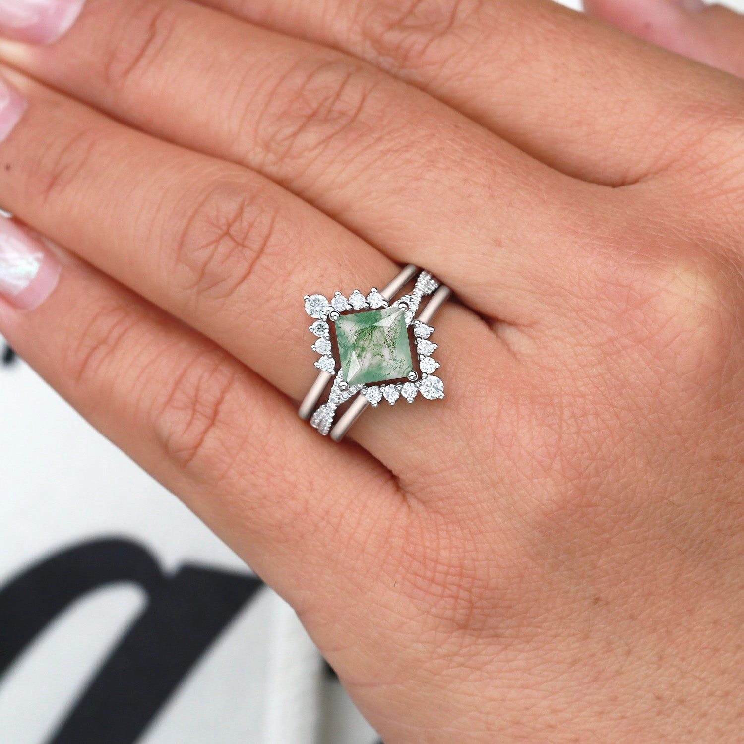 Cozy Layers 2.0ct Moss Agate Princess Cut Stacking Engagement Ring Set 3pcs