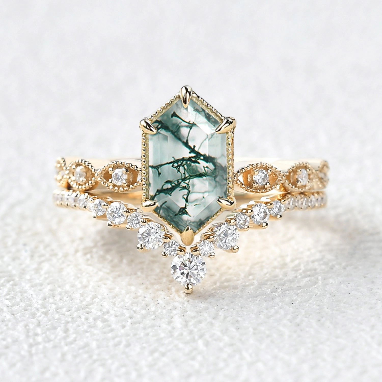 Gloss Accent Unique Shine Victorian Vintage Long Hexagon Moss Agate Ring Set 2pcs