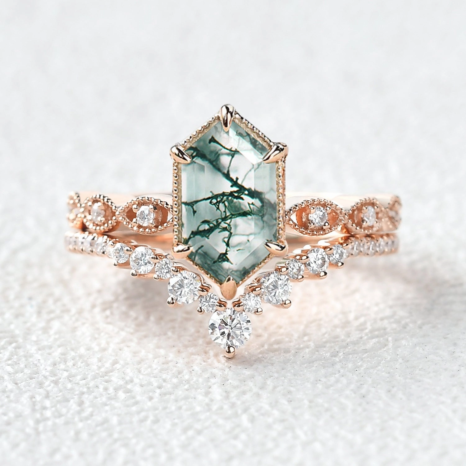 Shiny Texture Victorian Vintage Long Hexagon Moss Agate Ring Set 2pcs