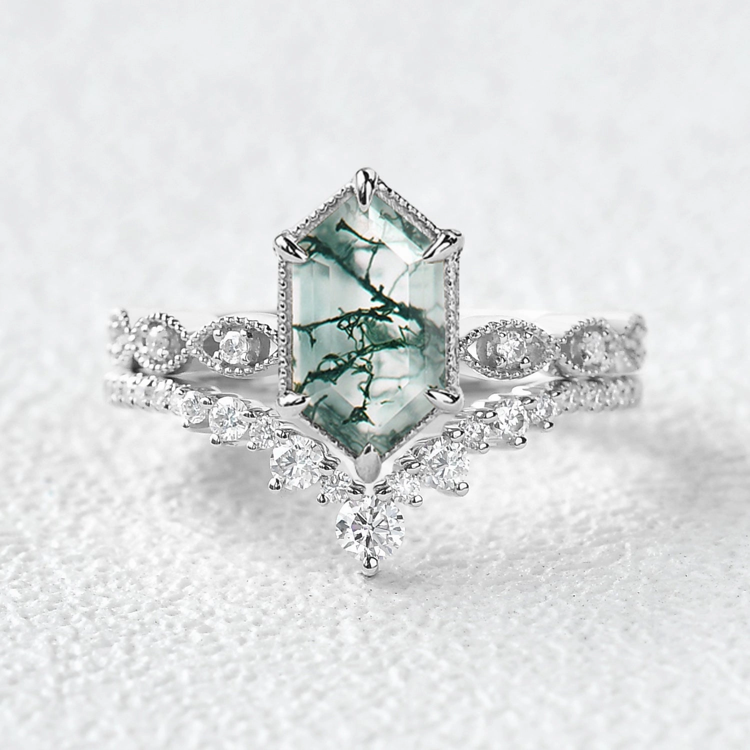 Victorian Vintage Long Hexagon Moss Agate Ring Set 2pcs premium design Chic Craft