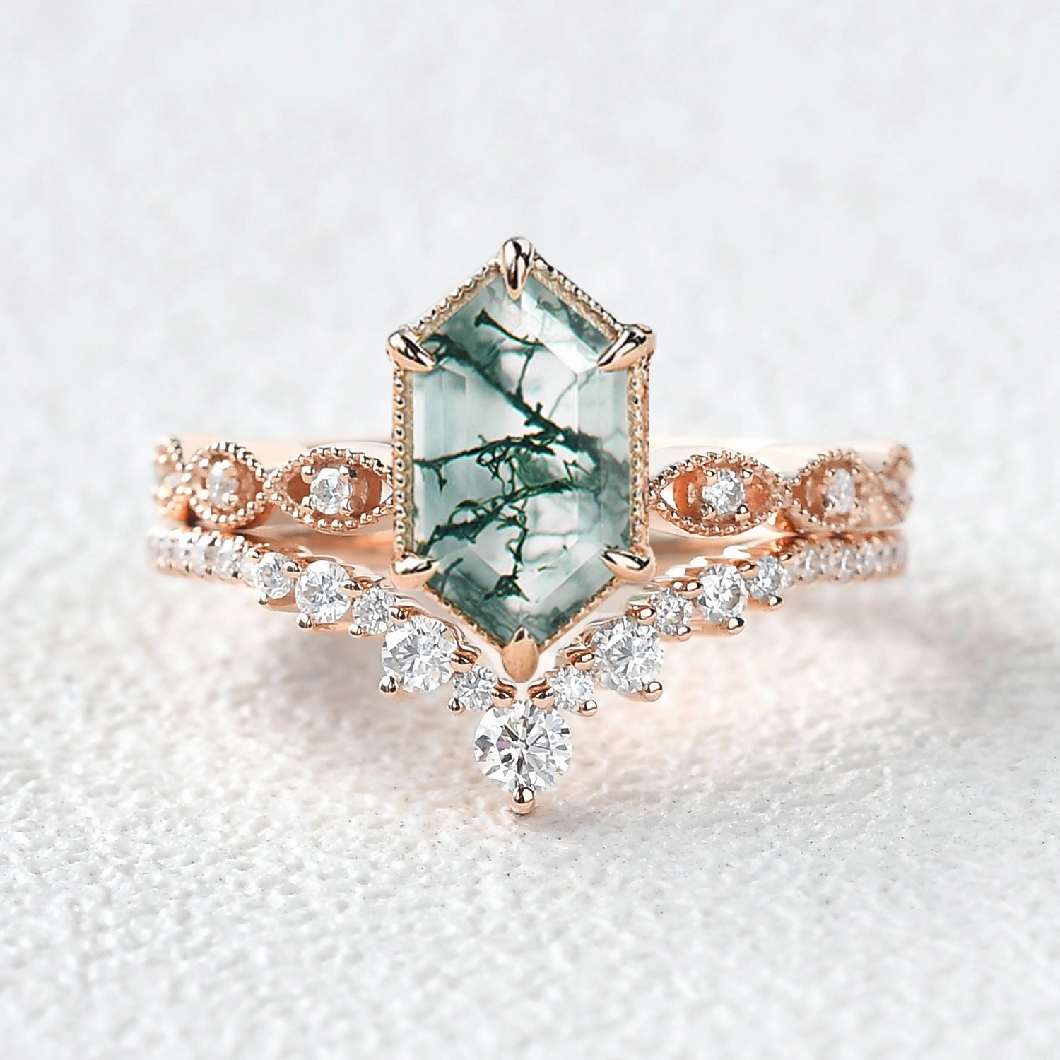 Fresh Highlight Chic Finish Victorian Vintage Long Hexagon Moss Agate Ring Set 2pcs