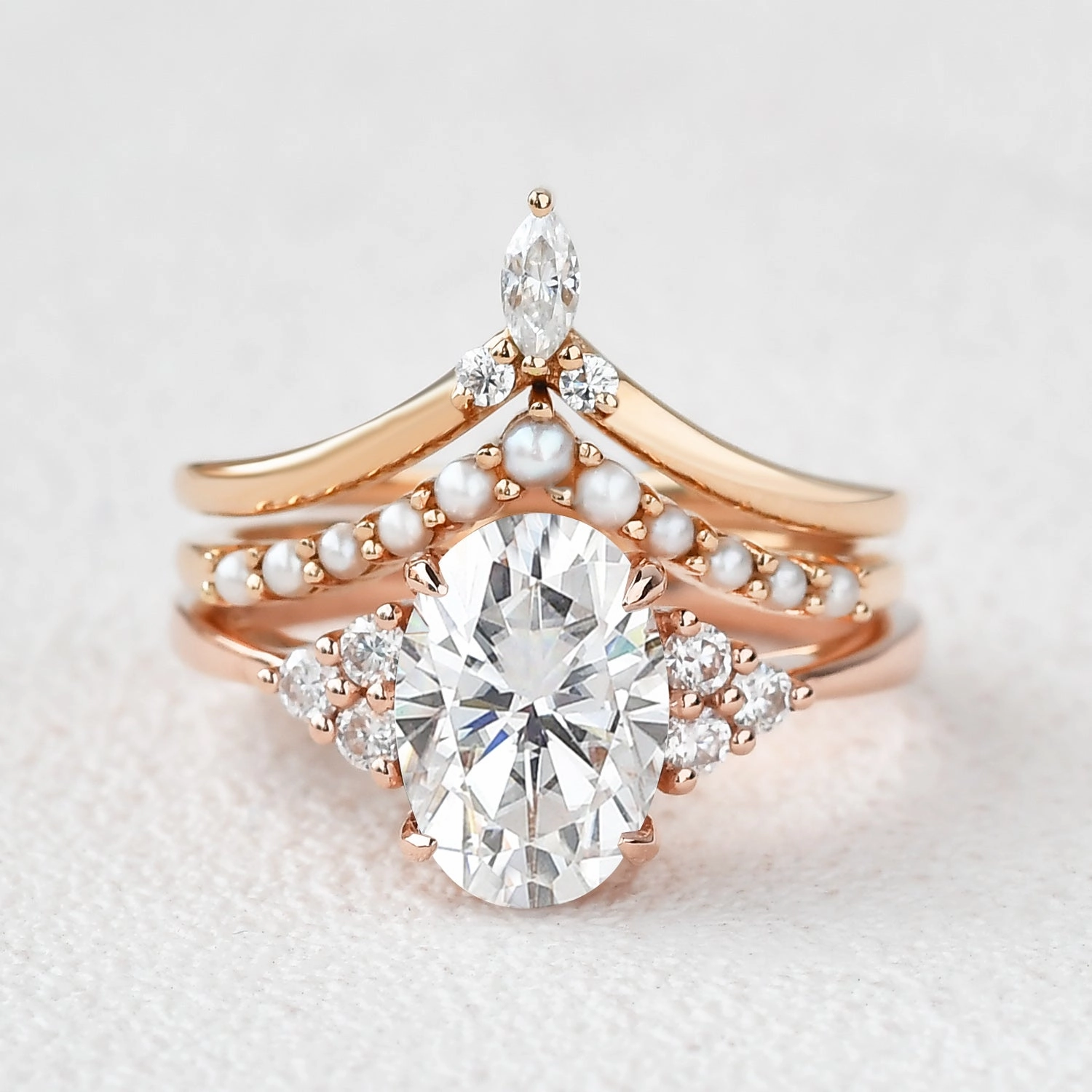 Oval Moissanite Pearl-fect Vintage Gold Ring Set 3pcs Modern feature Sunset Style