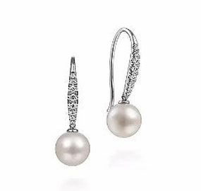 Brilliant Appearance Small Trinket 14K White Gold Diamond and Pearl Fish Wire Drop Earrings