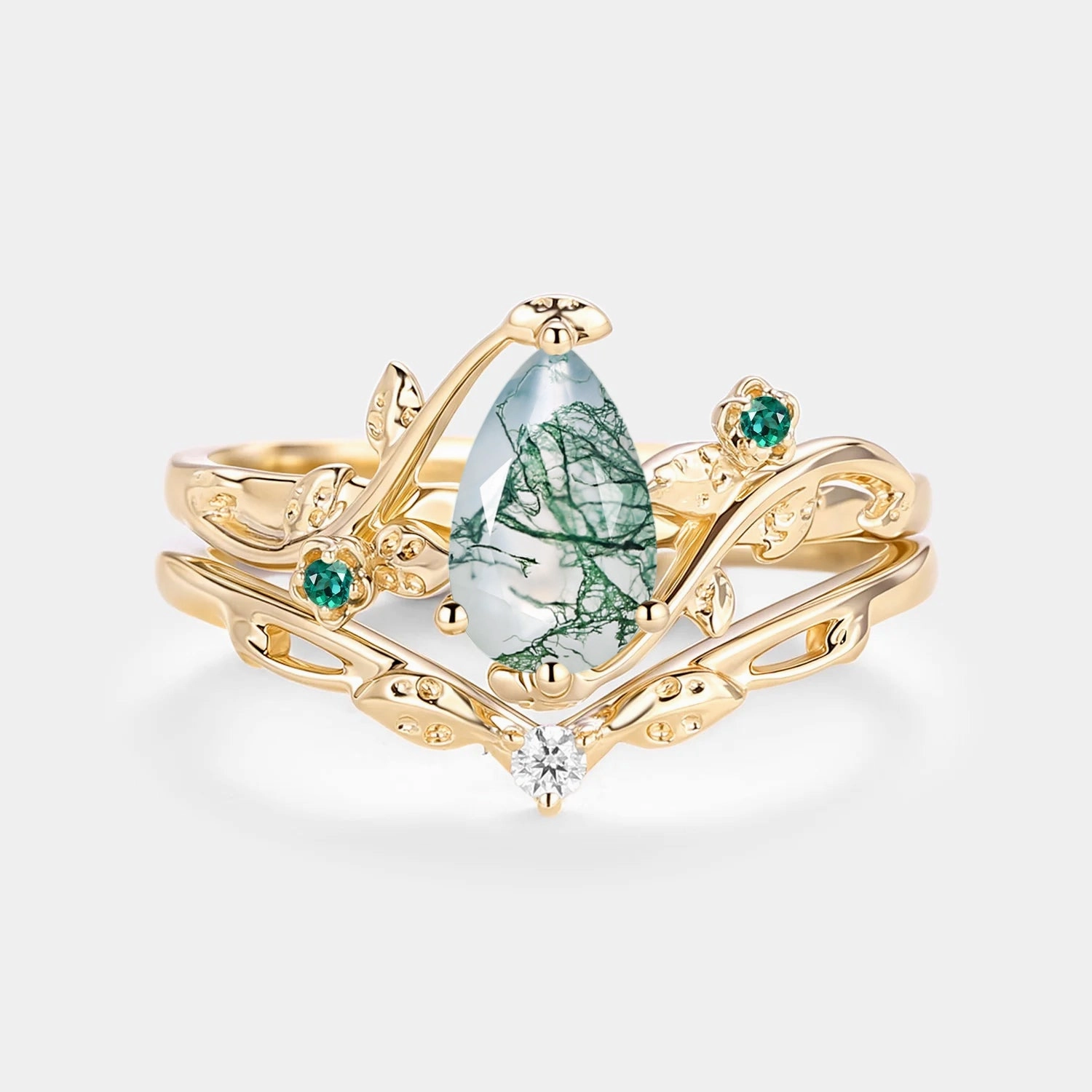 Creative Detail Glamorous Sparkle Leafy & Floral Pear Shaped Moss Agate Engagement Ring Sets 2pcs - Floret