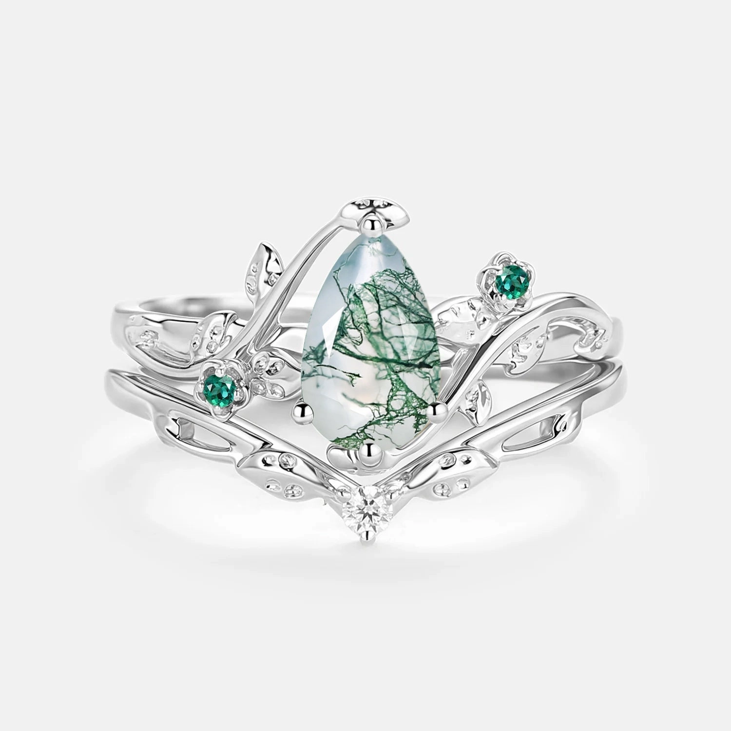 Brilliant Touch Sophisticated Style Leafy & Floral Pear Shaped Moss Agate Engagement Ring Sets 2pcs - Floret