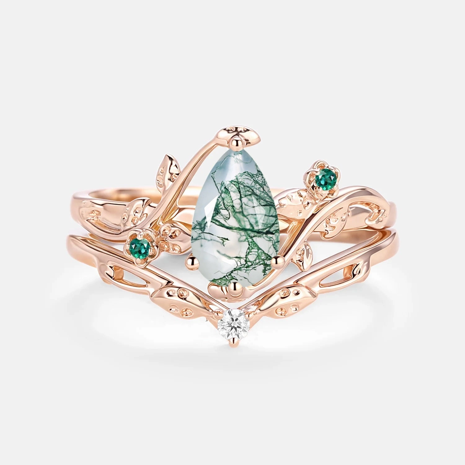 Leafy & Floral Pear Shaped Moss Agate Engagement Ring Sets 2pcs - Floret Classic Beauty